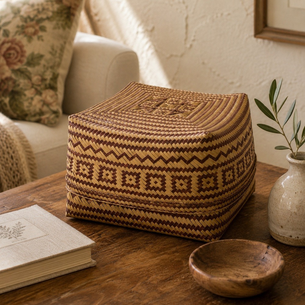 Vintage Woven Lidded Storage Basket Square Wicker Box English Cottage Decor